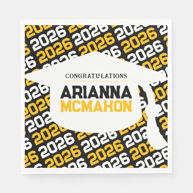 Black & Gold Personalized Graduation Cap Paper Napkins (Front)
