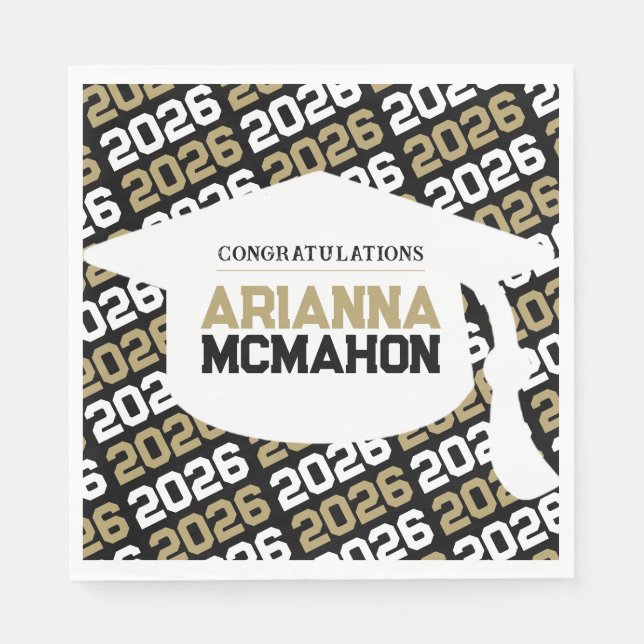 Black & Gold Personalized Graduation Cap Paper Napkins (Front)