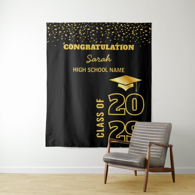 Black & Gold Personalized Graduation Party Custom Tapestry (In Situ)