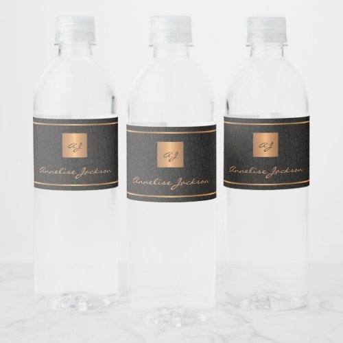 Black gold personalized initials name script water bottle label