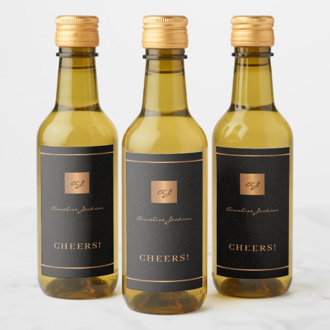 Black gold personalized initials name script wine label (Bottles)