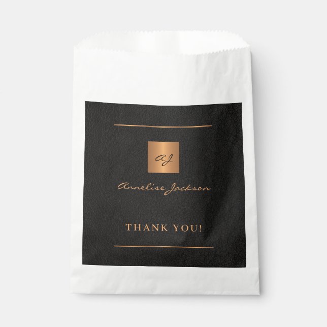 Black gold personalized monogram name script favor bag (Front)