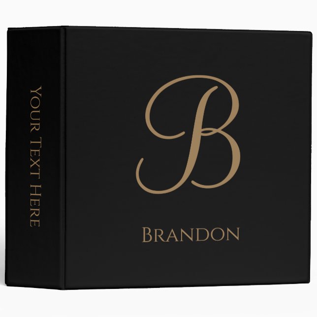 Black Gold Personalized Name and Monogram 3 Ring Binder (Front/Spine)