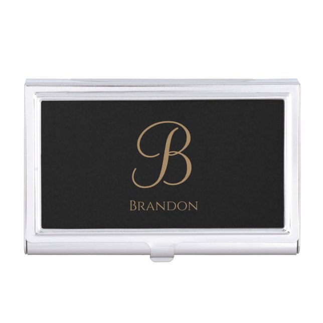 Black Gold Personalized Name and Monogram Business Card Case (Front)