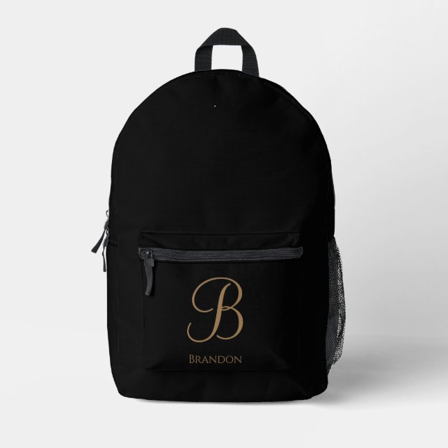 Black Gold Personalized Name and Monogram Printed Backpack (Front)