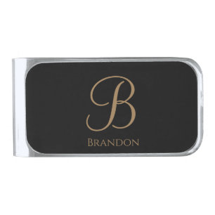 Black Gold Personalized Name and Monogram Silver Finish Money Clip