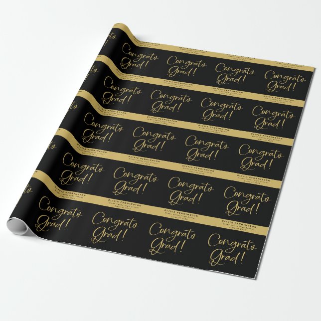 Black Gold Personalized Name Congrats Grad Wrapping Paper (Unrolled)