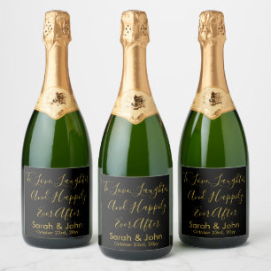 Black Gold Personalized Script Wedding Reception Sparkling Wine Label