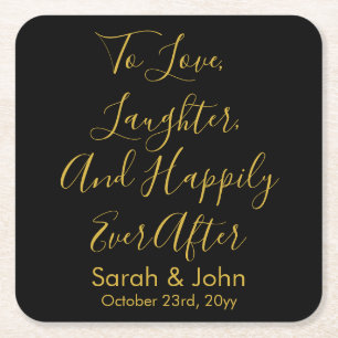 Black Gold Personalized Script Wedding Reception Square Paper Coaster