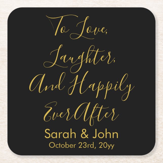 Black Gold Personalized Script Wedding Reception  Square Paper Coaster (Front)