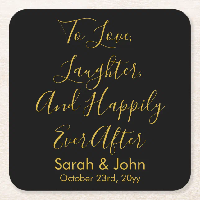 Black Gold Personalized Script Wedding Reception Square Paper Coaster ...