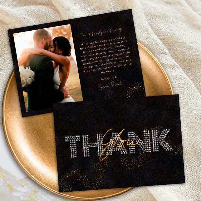 Black Gold Personalized Thank You Card for Wedding (Front / Back)