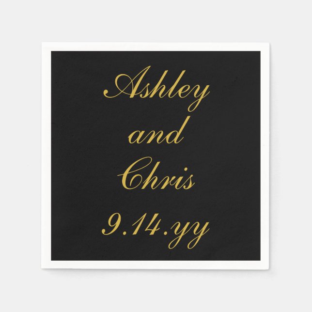 Black & Gold Personalized Wedding Reception Favor Napkins (Front)