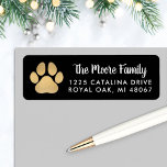 Black Gold Pet Lover Paw Print Return Address Label<br><div class="desc">Holiday address labels feature a faux gold foil pet paw print with modern white return address and black background. The background color can be customized to coordinate with your mailing.</div>