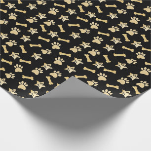 Black Gold Pet Prints, Dog Bone & Stars Christmas Wrapping Paper