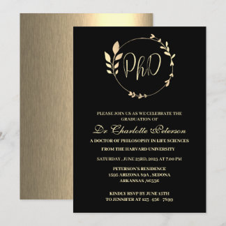 Black & Gold PHD Doctoral Graduation Invitation