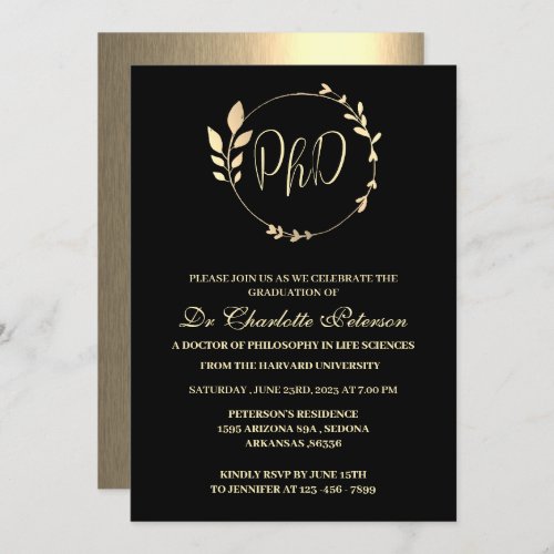 Black  Gold PHD Doctoral Graduation Invitation