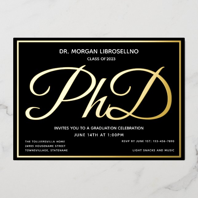 Black Gold PhD Graduation Foil Invitation (Front)