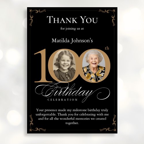 Black Gold Photo 100th Birthday Thank You Card