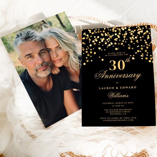 Black  Gold Photo 30th Wedding Anniversary Invitation