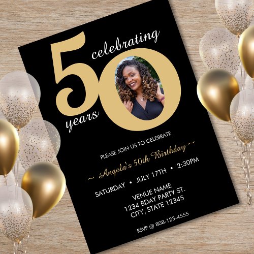 Black  Gold Photo 50 Fifty Years 50th Birthday Invitation