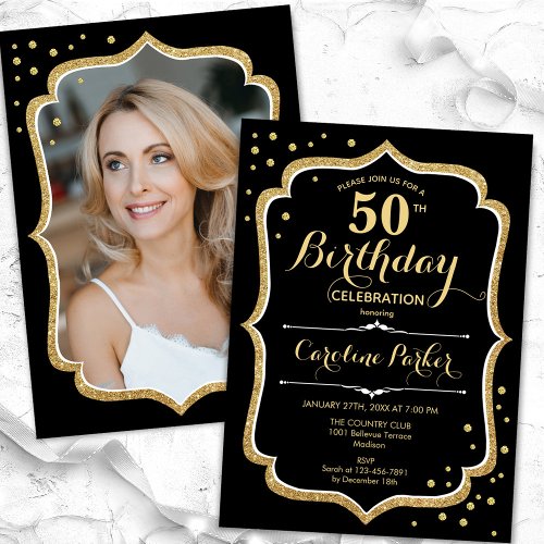 Black Gold Photo 50th Birthday Invitation