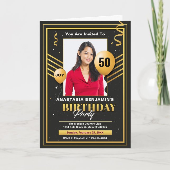 Black Gold Photo 50th Birthday Party Elegant Invitation (Front)