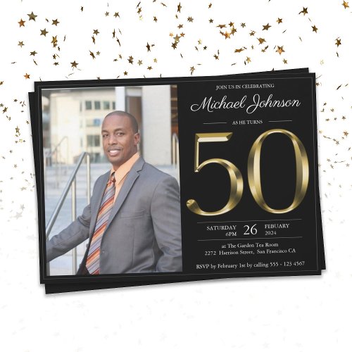 Black Gold Photo 50th Birthday Party Invitation