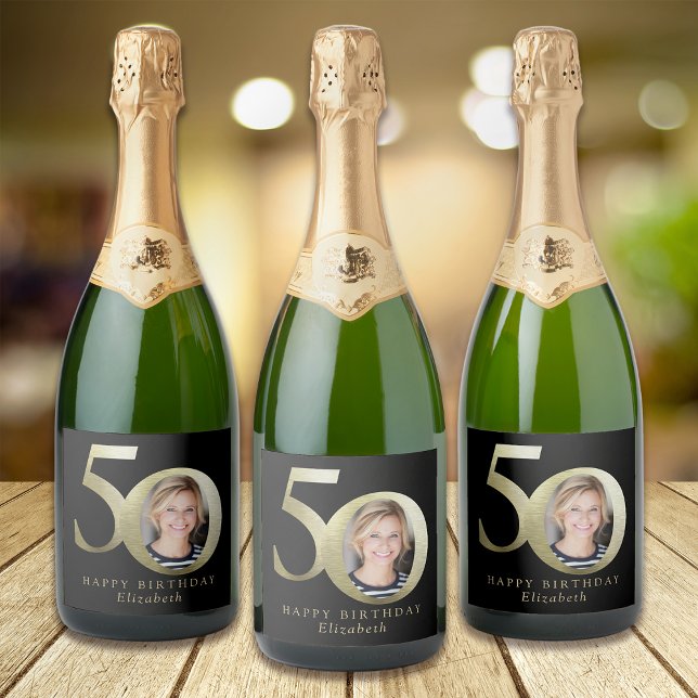 Black Gold Photo 50th Birthday Sparkling Wine Label (Creator Uploaded)