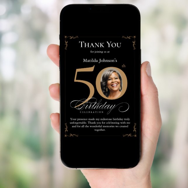 Black Gold Photo 50th Birthday Thank You Card (Front Digital)