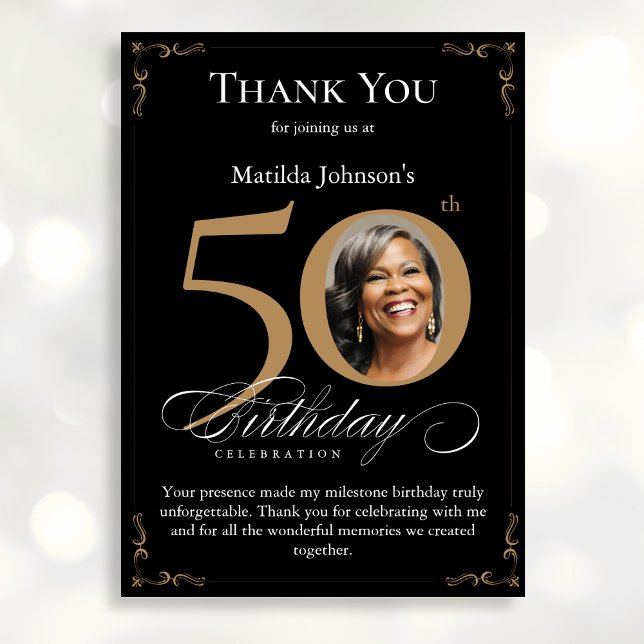 Black Gold Photo 50th Birthday Thank You Card (Mockup View)