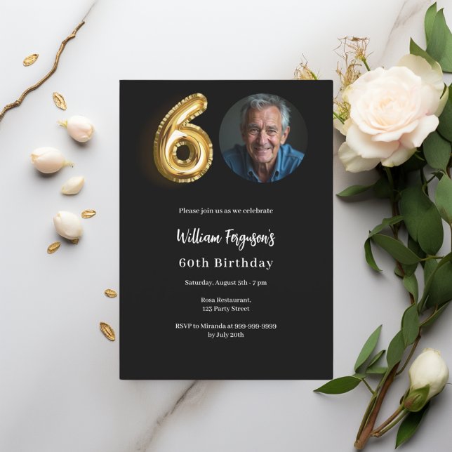Black gold photo 60th birthday invitation (Creator Uploaded)