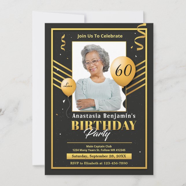 Black Gold Photo 60th Birthday Party Personalize Announcement (Front)