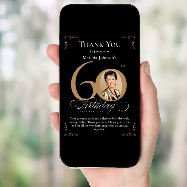 Black Gold Photo 60th Birthday Thank You Card (Front Digital)