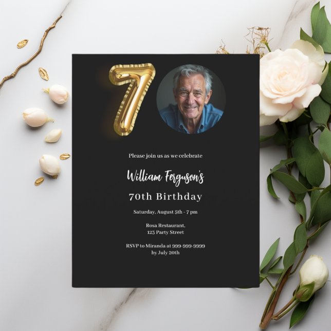 Black gold photo 70th birthday invitation (Creator Uploaded)