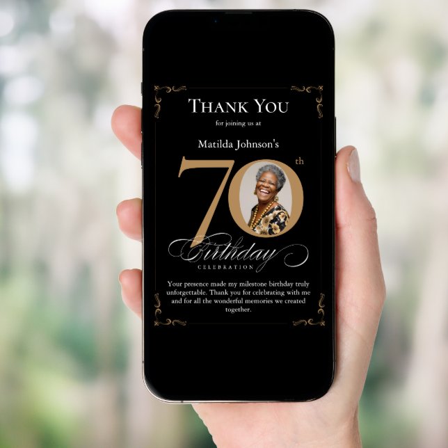 Black Gold Photo 70th Birthday Thank You Card (Front Digital)
