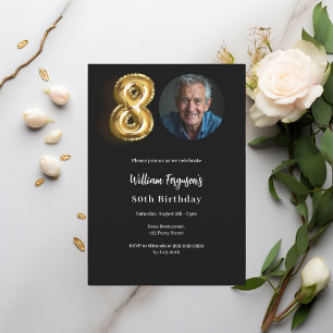 Black gold photo 80th birthday invitation