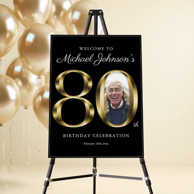 Black Gold Photo 80th Birthday Party Welcome Sign (Black Gold Photo 80th Birthday Party Welcome Sign)