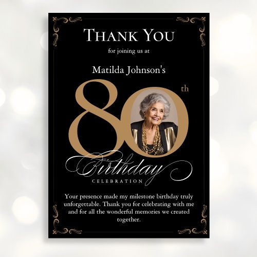 Black Gold Photo 80th Birthday Thank You Card