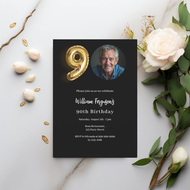 Black gold photo 90th birthday invitation (Creator Uploaded)