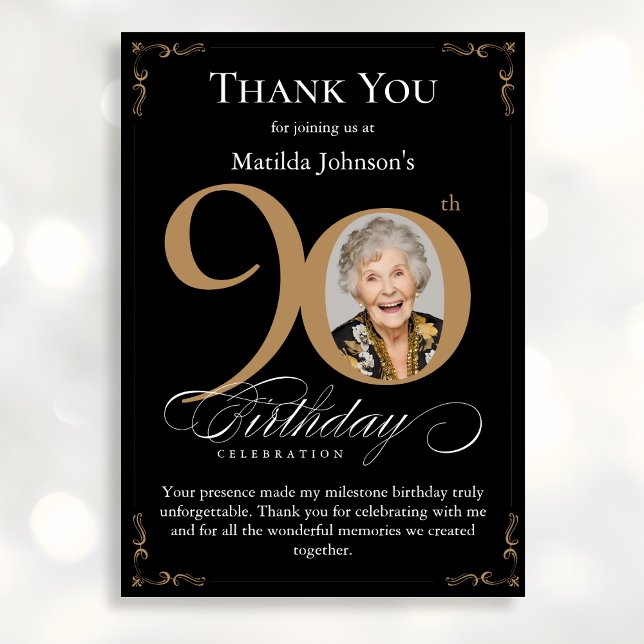 Black Gold Photo 90th Birthday Thank You Card (Mockup View)