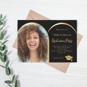 Black gold photo arch graduation 2025 invitation
