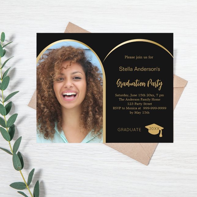 Black gold photo arch graduation party invitation (Creator Uploaded)