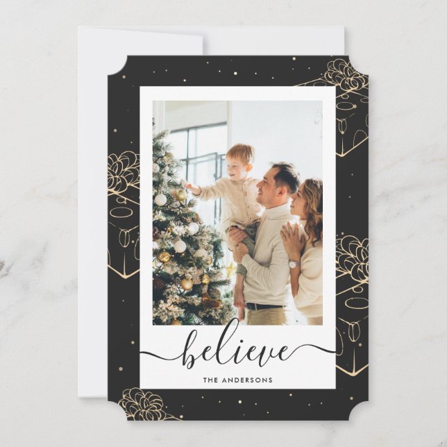 Black Gold Photo Believe Christmas Holiday Card (Front)