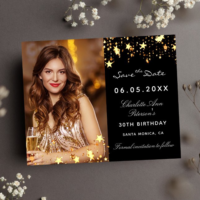 Black gold photo birthday budget Save the Date Flyer
