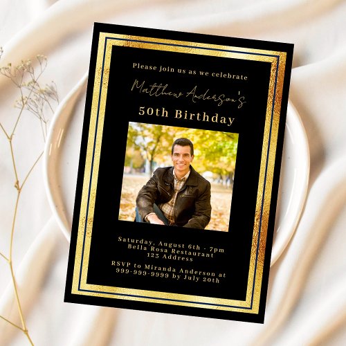 Black gold photo birthday invitation