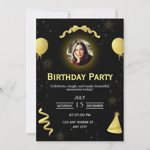 Black Gold Photo Birthday Party Invitation