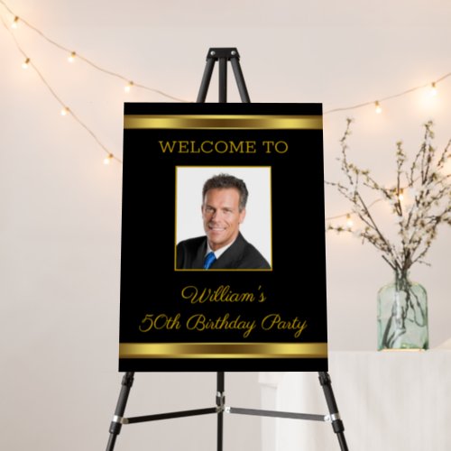 Black Gold Photo Birthday Party Welcome Sign