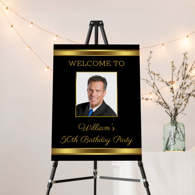Black Gold Photo Birthday Party Welcome Sign (In Situ (Stand))