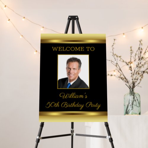 Black Gold Photo Birthday Party Welcome Sign